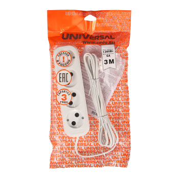 Удлинитель 4 розетки 3м б/з ШВВП 2*0,75мм2 6А мощ.нагр 1300Вт Универсал У6-766 *1/45