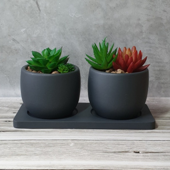 Кашпо гипсовое "Лотос" НАБОР 2х0,3л  с поддоном Антрацит металлик  ("VipSet") *2