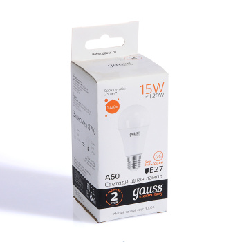 Лампа светодиодная Gauss Elementary, Е27, груша A60, 15 Вт, 1320 Лм, 3000 К, теплый белый